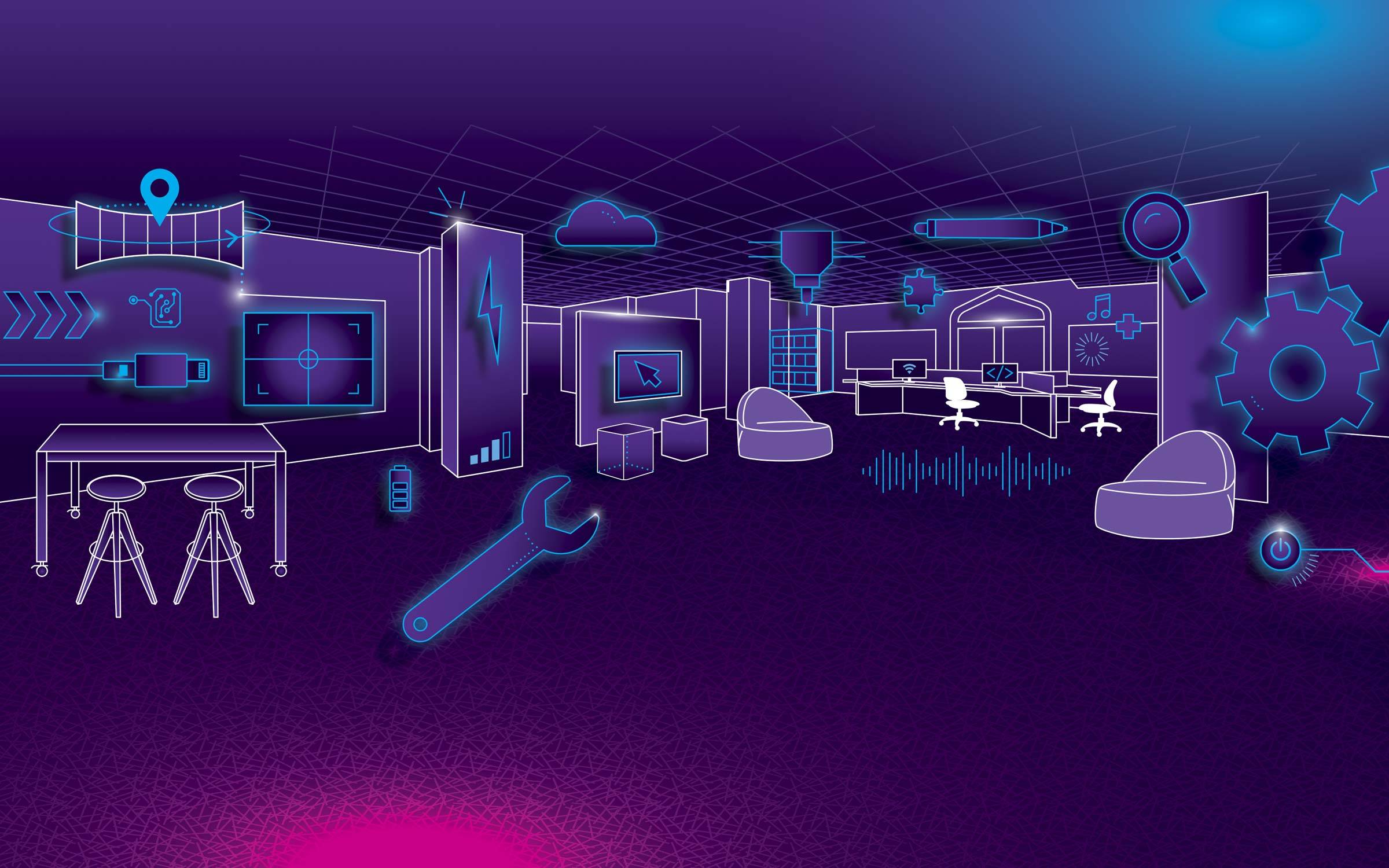 Sunderland Foundation Innovation Lab line art drawing.